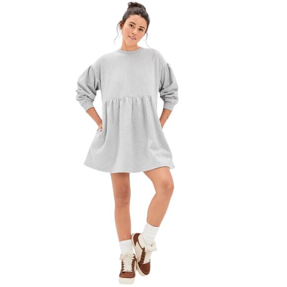 American Eagle Gray Fleece Babydoll Mini Dress Size M | Long Sleeve Cozy Casual - Picture 1 of 8
